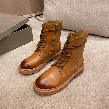 

Donna-in Genuine Leather Retro Motorcycle Boots Lace Up Side Zipper Platform Boots Genuine Sheepskin Liner Women Autumn Boots