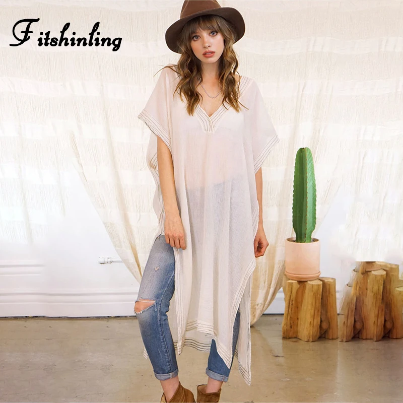 

Fitshinling V Neck Striped Straight Beach Tunic Holiday Dress Women Side Split Sexy White Dresses Summer BOHO Pareos Swimwear