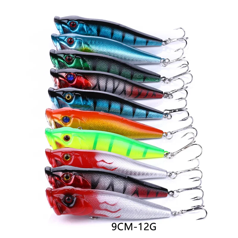 

Hot 1pcs Fishing Lures 9cm/12g Topwater Popper Bait 10 Color Hard Bait Artificial Wobblers Plastic Fishing Tackle With 6# Hooks
