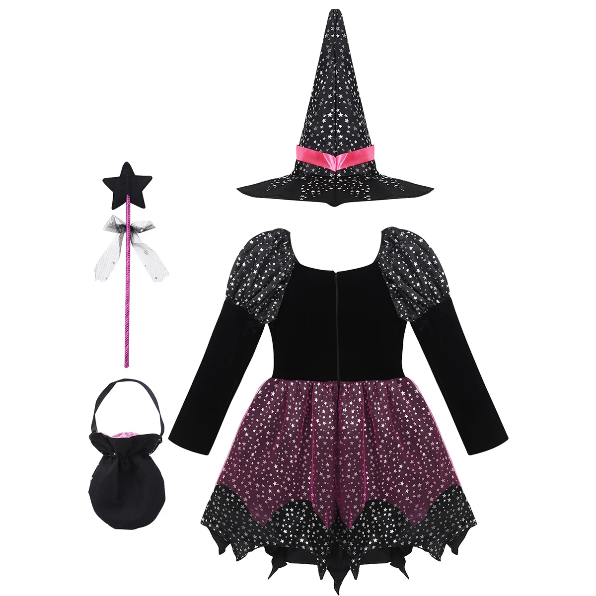 Детский страшный костюм ведьмы на Хэллоуин для девочек, комплект одежды с длинными рукавами, платье с принтом в виде сверкающих звезд и остроконечная шляпа, сумка в виде палочки и конфет