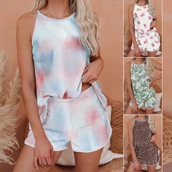 

2020 Europe and America New Style WOMEN'S Pajamas Two-Piece Set Summer Hot Sales Sleeveless Tie-dye Casual Tracksuit