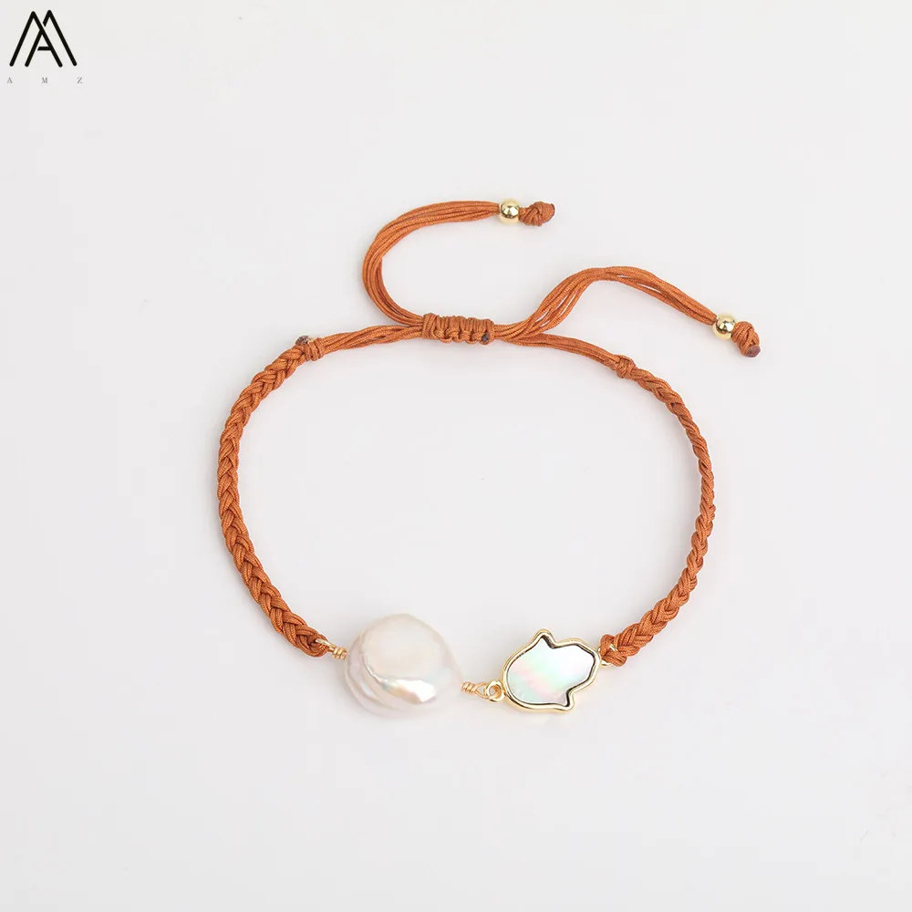 

Irregular Freshwater Baroque Pearl Beads Rope Bracelet Craft,White Palm Shell Knotted Bracelet Adjust Women Jewelry N0082AMAH
