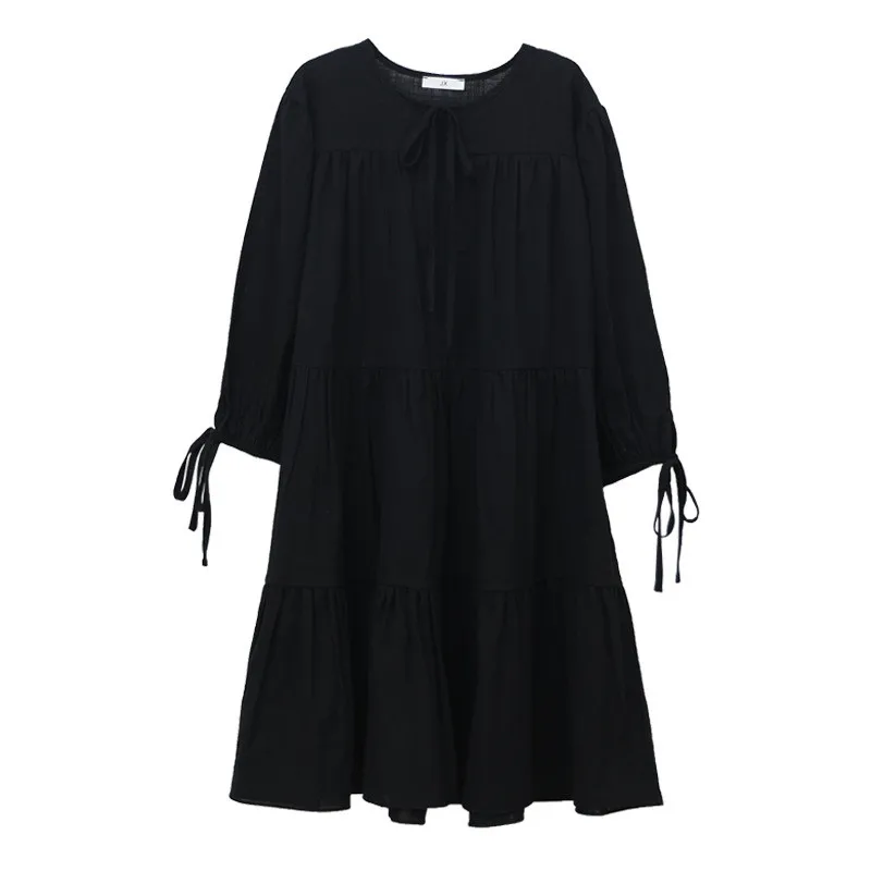 Детское и подростковое черное свободное платье для девочек от 4 до 16 лет модное осенне-зимнее хлопковое повседневное расклешенное платье с длинными рукавами для девочек