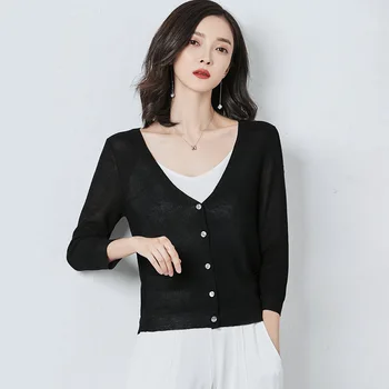 

Summer new ladies slim short cardigan chiffon button long-sleeved t-shirt 2020 gray