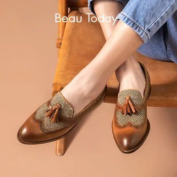 

BeauToday Fringe Loafers Women Genuine Cow Leather Plaid Cloth Pointed Toe Spring Ladies Slip-On Casual Flats Handmade 27377