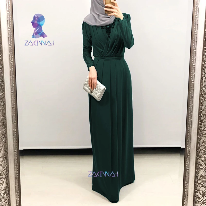 Dark green LR206 мусульманское гладкое минималистичное Элегантное Длинное платье для женщин Плиссированное кружевное Макси платье абайя кафтан - Цвет: Dark green