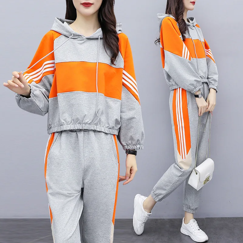 

2019 Autumn And Winter New Style Korean-style Large Size Fat Mm Joint Hooded Brace Long-sleeved Sweater Long Pants Two-Piece Set