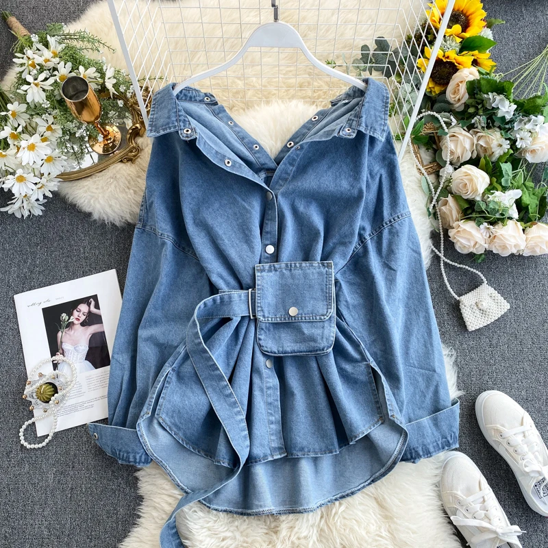 

Sashes Women Jacket 2020 Spring Autumn Oversize Denim Jackets Sexy Baggy Jeans Coat Turn-down Collar Outwear Single-breasted