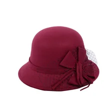Новая Винтажная Имитация шерсти Клош шляпа с сеткой лук котелок с широкими полями зима Fedoras дамы флоппи Дерби шляпы кепки