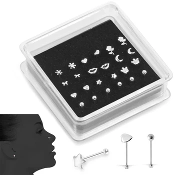 

20PCS Nose Studs Ball Pen Shape Pin Bone Nose Rings Body Piercing for Womens Mens 22G 2mm 2.5mm Heart Star Ball Shape
