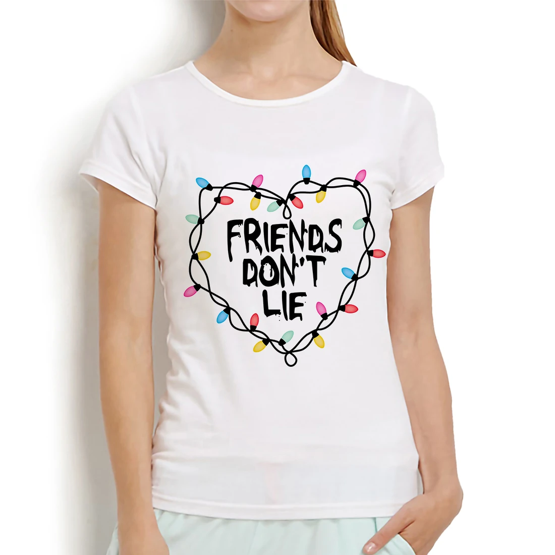 

stranger things Firends don't lie Color lamp string funny t shirt women summer new white casual femme girl kawaii tshirt