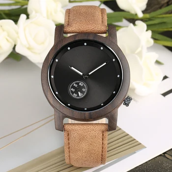 

Retro Ebony Wooden Case Quartz Watch Brown Leather Band Wooden Casual Watches Men Large Round Dial Wooden Wristwatch Gifts
