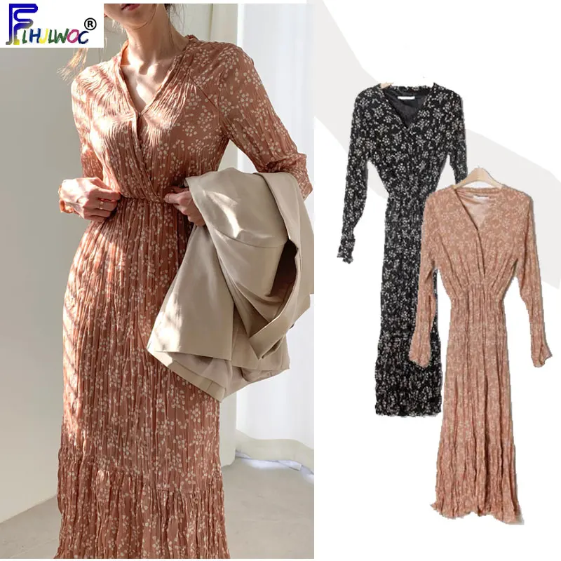 

Spring Winter Basic Wear Dresses Women V Neck Design Korea Japan Style Slim Waist A Line Chiffon Floral Vintage Dress Long S525