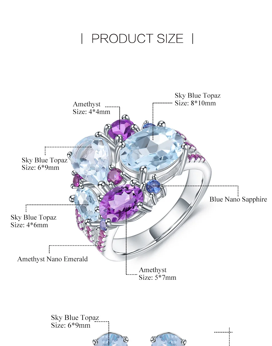 GEM'S BALLE Роскошный Натуральный топаз аметист кольцо серьги 925 пробы серебро Красочные конфеты набор украшений для женщин хорошее ювелирное изделие