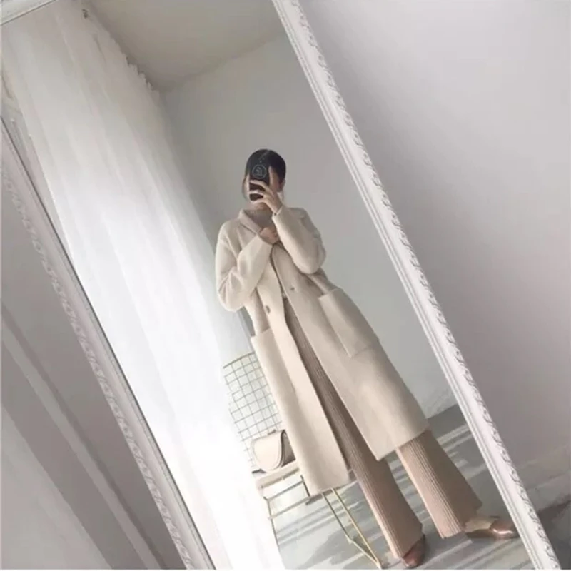 Осень Зима Vrouwen Lange Jas casual Hoge Kwaliteit Warme Wol combineero Overjas модные однотонные Lange casjmier Jassen