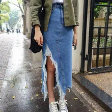 Рваные длинные джинсовые юбки, женские джинсовые юбки с дырками и карманами, летние корейские винтажные юбки с запахом, сексуальная юбка макси с разрезом размера плюс