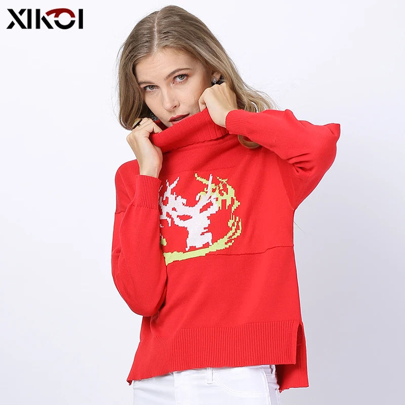 

XIKOI Christmas Deer Print Jumper Crop Knitted Turtleneck Sweaters Women Pullover Tops Winter Pull Femme Girl Warm Brief Sweater