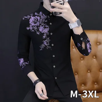 

Flower Print Shirts Men Plus Size New Men's Long Sleeve Shirt Fashion Casual Rose Pattern 2XL 3XL Floral Shirts Long Sleeve