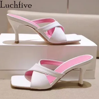 

New Square open toe Leather Mules woman white light blue Cross cut Outdoors high heels Slippers ladies Summer Dress Party Shoes