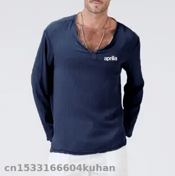 

2020 Loose Mens T-Shirt V-Neck Long Sleeve T Shirt Men for aprilia racing solid color flax casual T-shirt