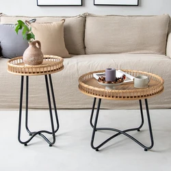 Mesas de centro japonesas de ratán redondas, pequeñas mesas de centro con Base negra, Mesa Auxiliar creativa Vintage, muebles para casa y salón OC50BZ