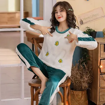 

XIZOU Winter Women Warm Casual Sleepwear Pijama Mujer Flannel full-sleeve Pajamas Set Ladies Homewear Pyjamas Women Clothes