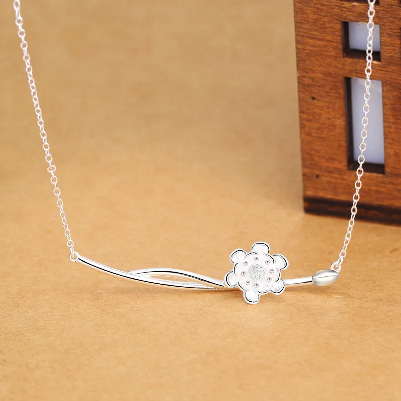 

925 Sterling Silver Retro Literary Peony Pendant Necklace For Women Clavicle Chain Fine Jewelry Elegant Accessories