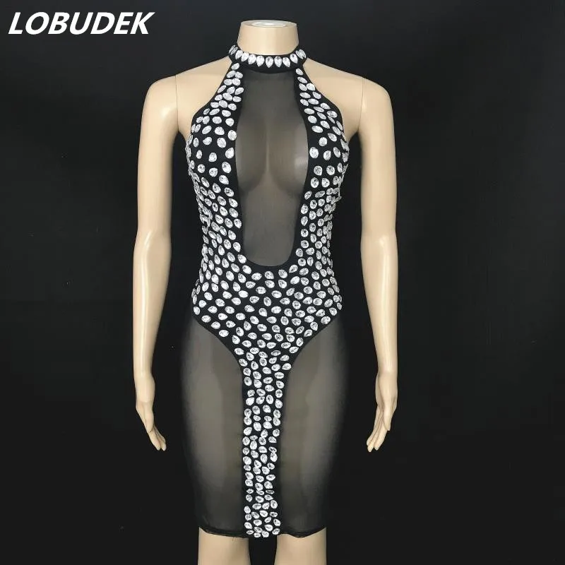 

Women Crystal See Through Dress Sexy Off Shoulder Rhinestones Transparent Dresses Women Birthday Banquet Evening Prom Stage Wear
