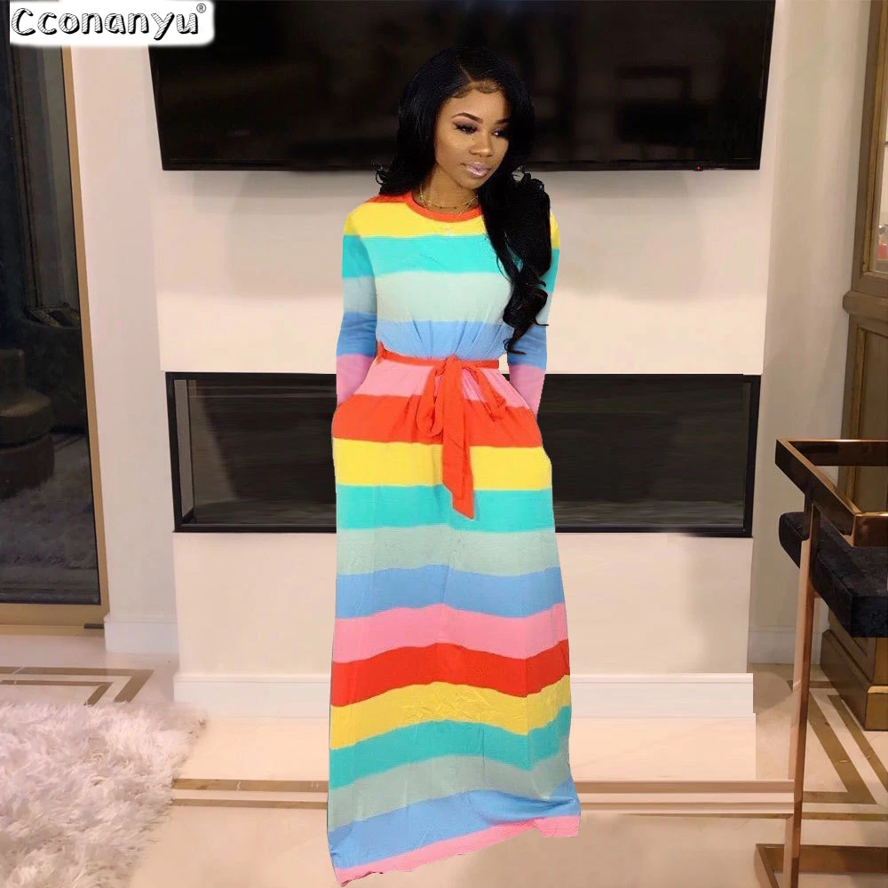 Frauen Regenbogen Bunte Kleid 2019 Herbst Langarm Spitze Up Bodenlangen  Maxi Kleid Lange Kleider Mit Tasche|Dresses| - AliExpress