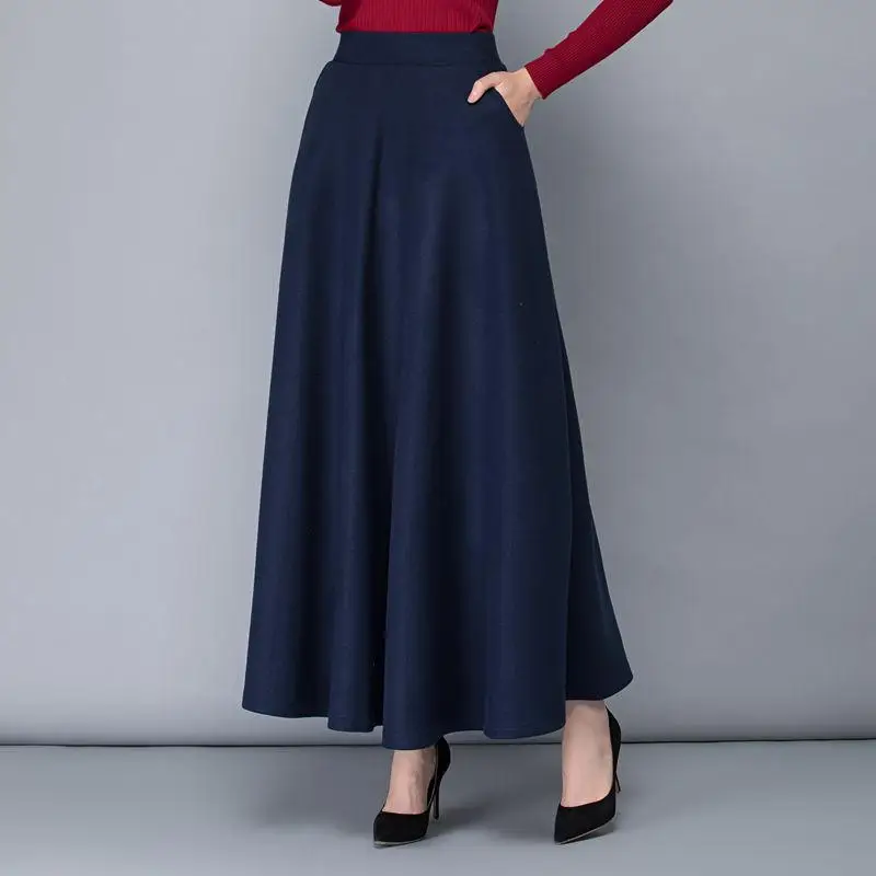 Винтажные шерстяные юбки с высокой талией, женские теплые плотные осенне-зимние длинные юбки, женские элегантные однотонные юбки трапециевидной формы большого размера Q1916 - Цвет: Dark blue Skirt
