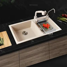 Многофункциональная Бытовая утолщенная кухонная кварцевая раковина с двойным слотом Матовая Отделка Круглый угол Овощной Умывальник с краном