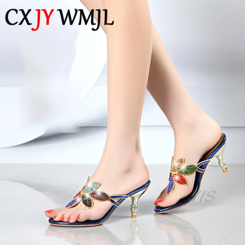 

Summer Women Big Size Gold Rhinestone High Heel Slippers 2020 New PU Crystal High Heel Flip Flop Women's Outdoor Leisure Slipper