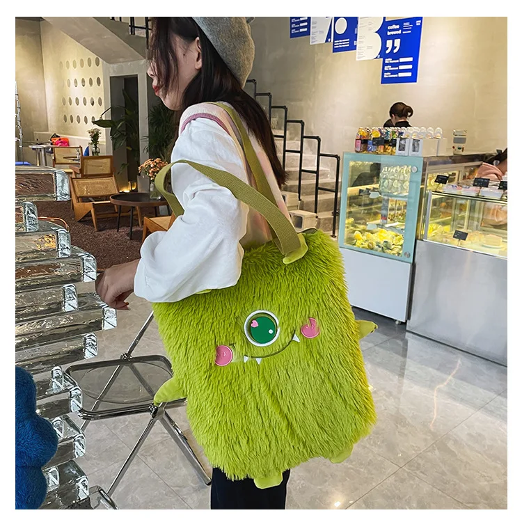 Women new Japanese cute funny plush handbag personality embroidery little monster plush girl student shoulder bag female bag