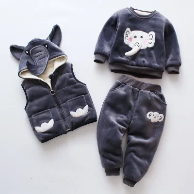 Осенне-зимняя спортивная одежда для новорожденных девочек из 3 предметов; одежда для малышей; Бархатные Топы; пуловер; толстовка; брюки с жилеткой; комплекты одежды - Цвет: Elephant gray