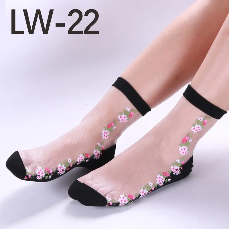 VISNXGI, 1 пара, женские кружевные носки до лодыжки, мягкие удобные прозрачные шелковые хлопковые эластичные сетчатые вязаные прозрачные женские носки с оборкой - Цвет: LW-22
