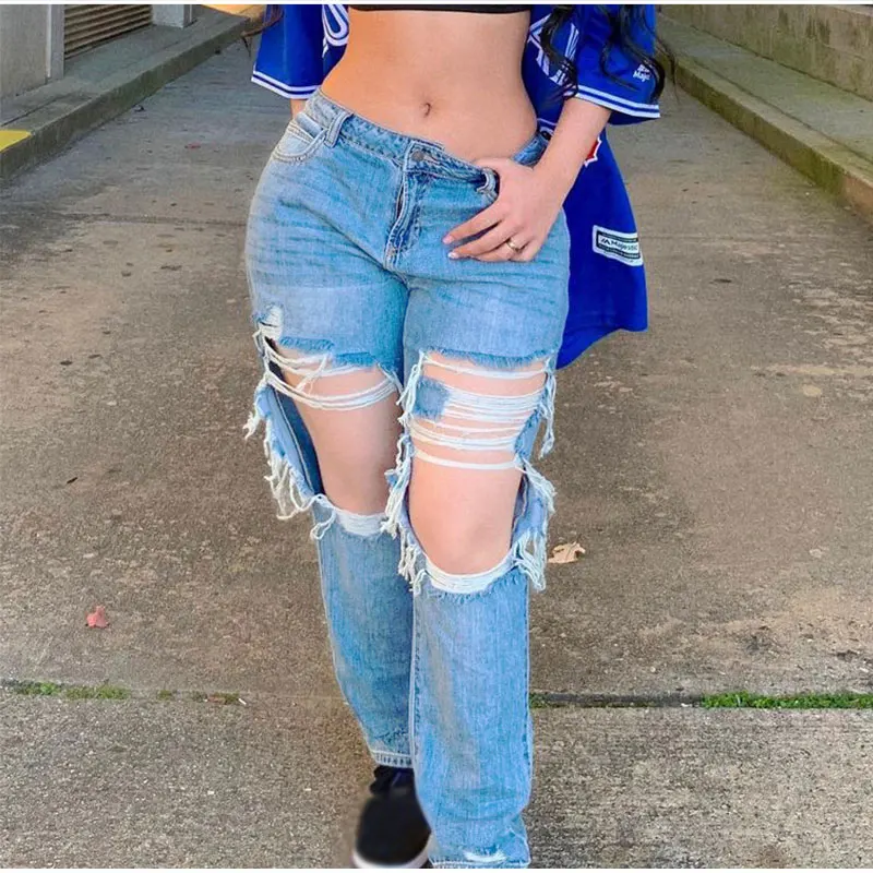 Y2K Low Rise Ripped Hole Straight Baggy 