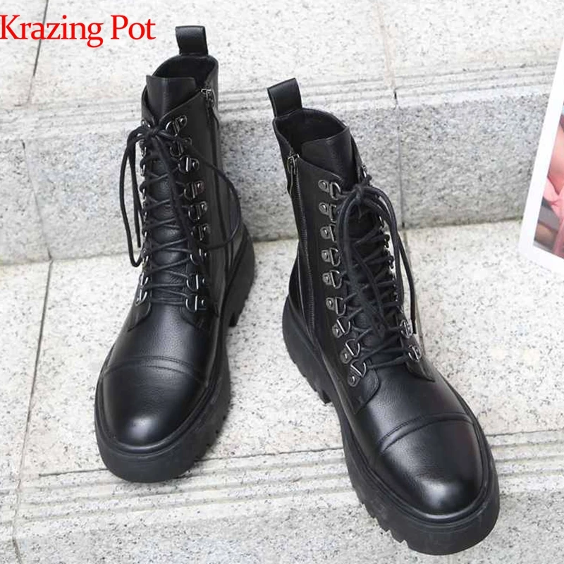 

krazing pot chic design fashion genuine leather vintage boots round toe med heels cross-tied rivets young lady ankle boots L41