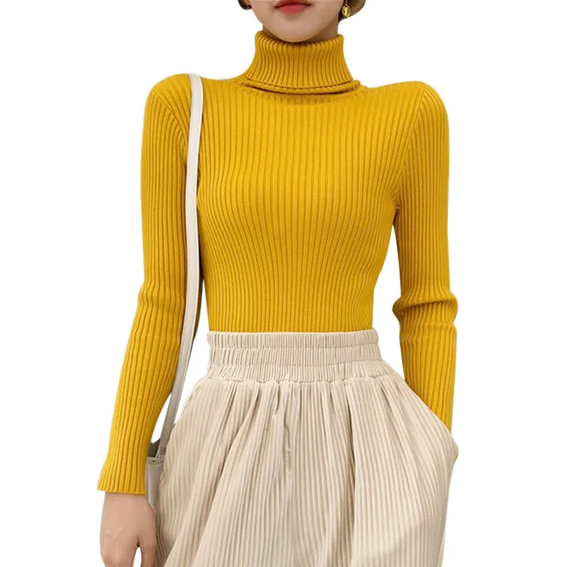 Сексуальный тонкий свитер, топы, женские осенние свитера, тонкий длинный рукав, высокий ворот, вязаный пуловер, новинка - Цвет: Цвет: желтый