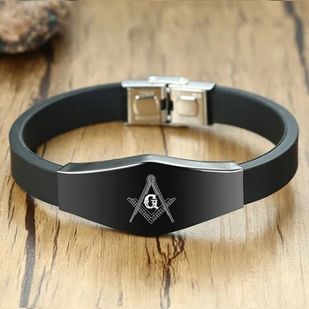 

Custom Masonic Bangle Men's Silicone Brands Bracelet Stainless Steel Black Wristband DIY Adjustable Length