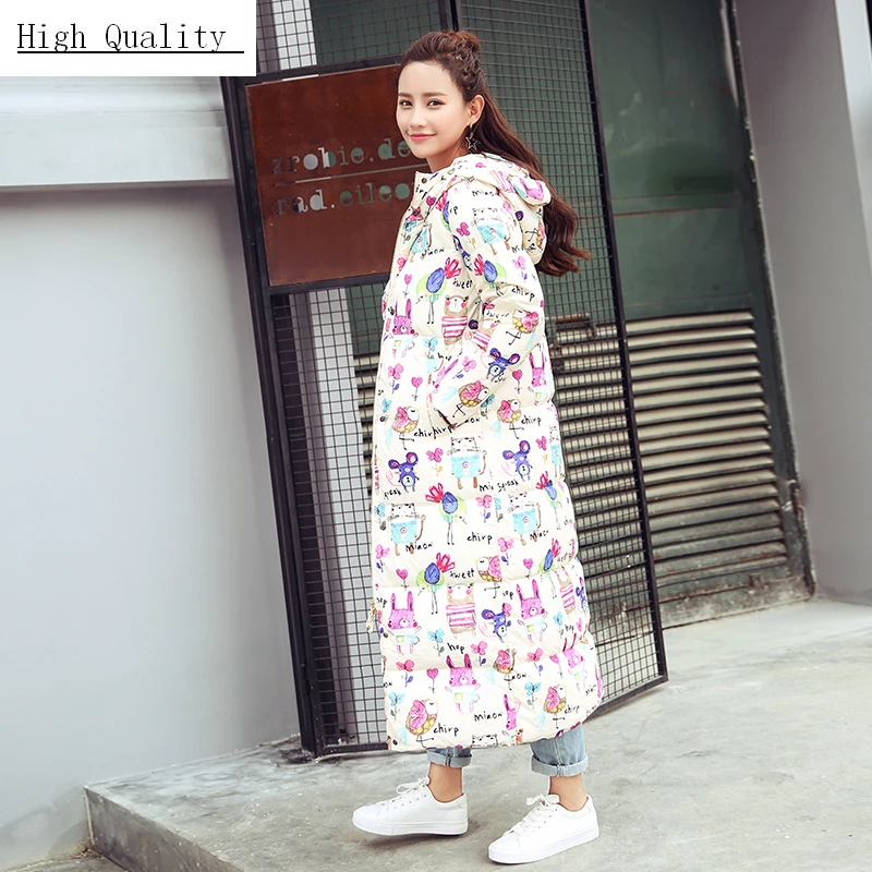

Winter Womens Down Jacket X-Long Down Coat Female Cute Print Thick 90% Duck Down Warm Clothes Hooded Jackets 2020 LWL1067