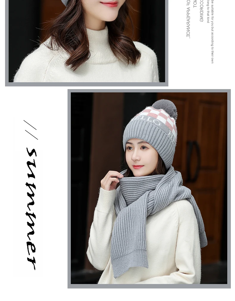 Модная зимняя шапка и шарф, комплект для женщин, классические толстые шерстяные шаровары с помпонами, зимние тёплые шарфы, Шапка-бини