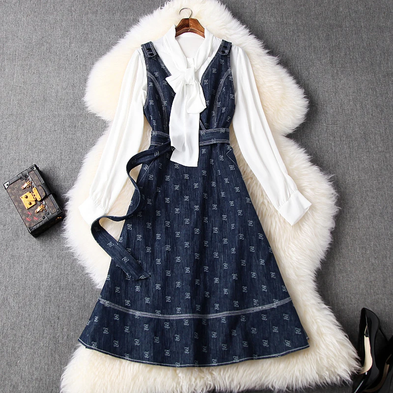

2020 new elegant dress Long sleeves Sweater Chiffon shirt clothing set Denim vest dresses Spring women ladies office lady Dress