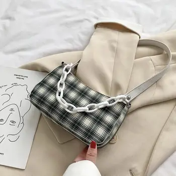

Canvas Plaid Women Handbag Totes Acrylic Chain Retro Underarm Shoulder Bags Vintage Retro Plaid Bags lady Small Hand bag