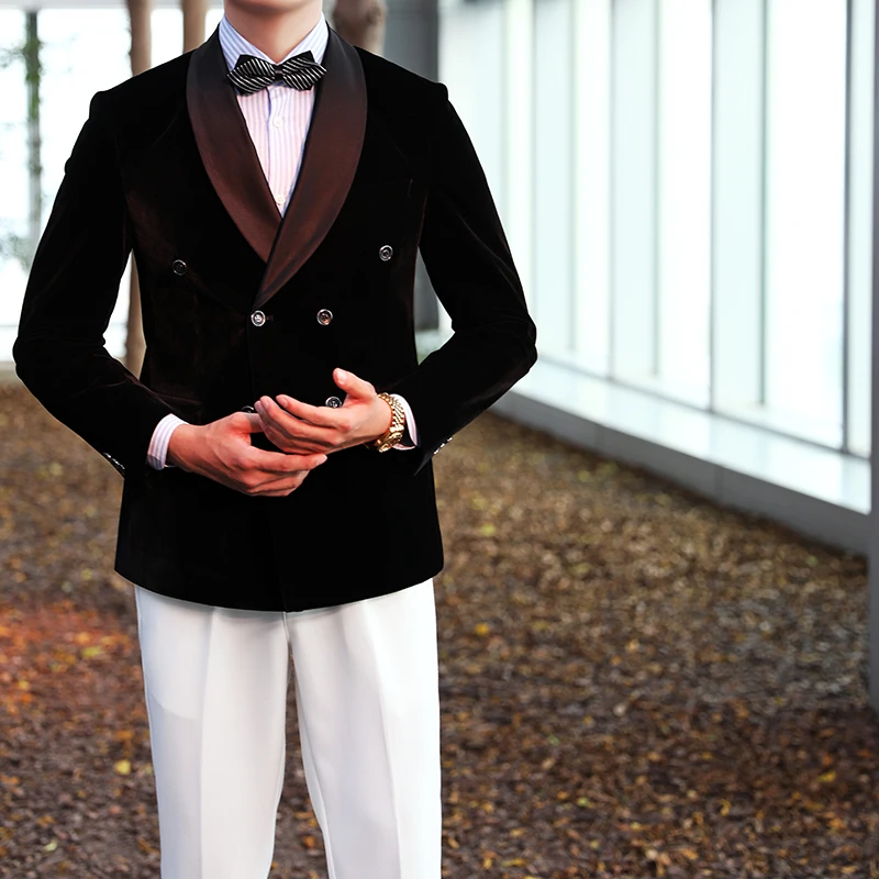 

Men Suits Italian Luxury Plush Classic Dress Double-Breasted Gentleman Business Casual Velvet Blazer