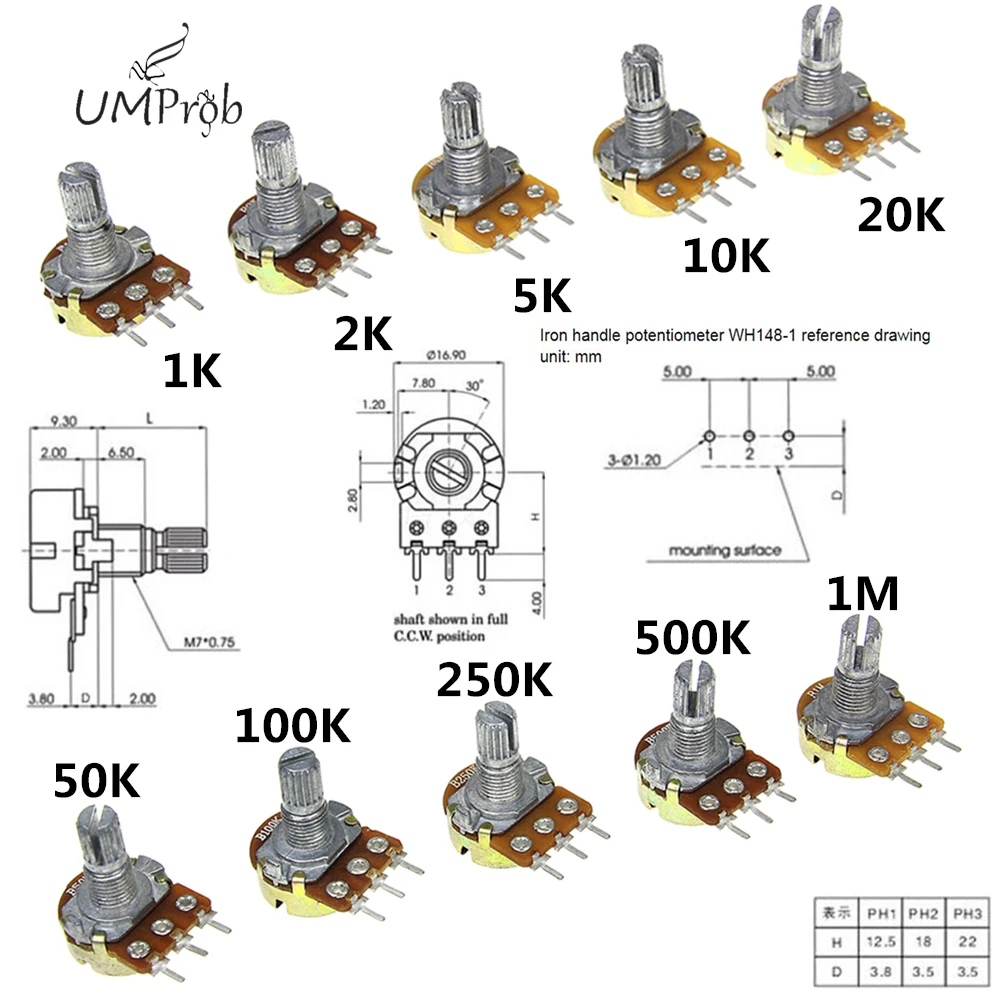 10 шт. WH148 линейный потенциометр B1K B2K B5K B10K B20K B50K B100K B250K B500K B1M 15 мм вал с орехами шайбы 3pin WH148