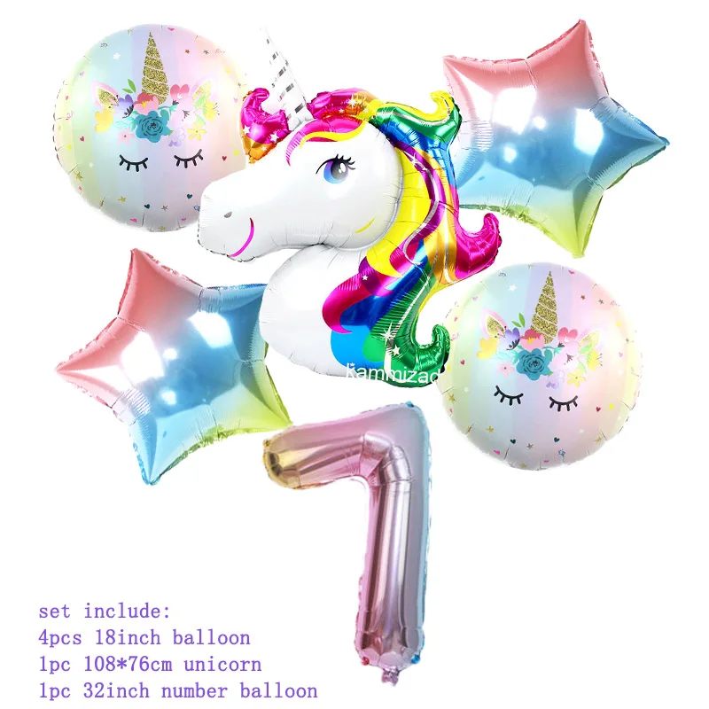 6 шт./компл. Радуга Единорог фольги воздушные шары с номером баллон день рождения украшения Дети Единорог Свадебные Воздушные шары Globos - Цвет: CS Uni 32in PKRB 7