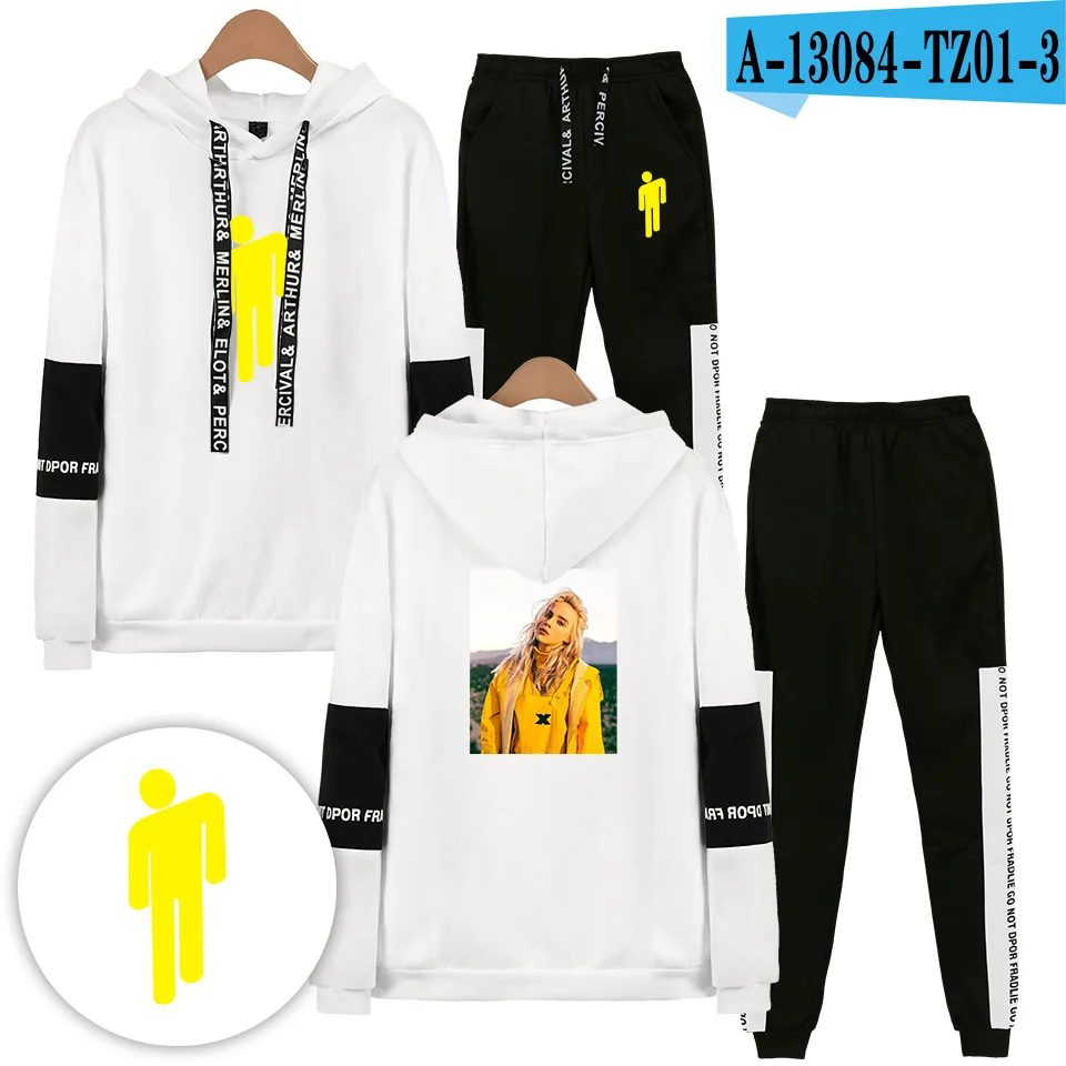 Прямая поставка, Billie Eilish, мужские толстовки, костюмы, Хип-Хоп Толстовки, Толстовки с капюшоном, костюм для женщин, комплект из двух предметов, унисекс, спортивный костюм - Цвет: white black
