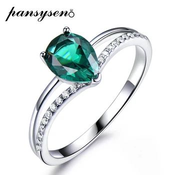 

PANSYSEN 100% 925 Sterling Silver Water Drop Shape Emerald Gemstone Ring Female Annivery Cocktail Party Finger Rings Wholesale