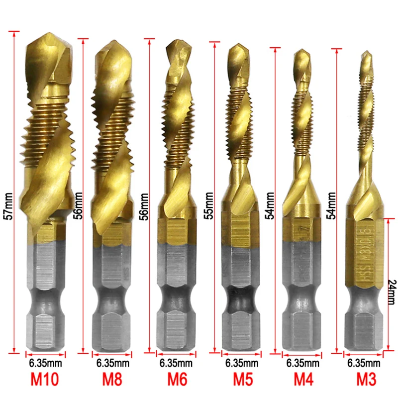 ZK3 6Pcs Hex Shank Titanium Plated HSS Screw Thread Metric Tap Drill Bit - M3 M4 M5 M6 M8 M10 Hand Tool