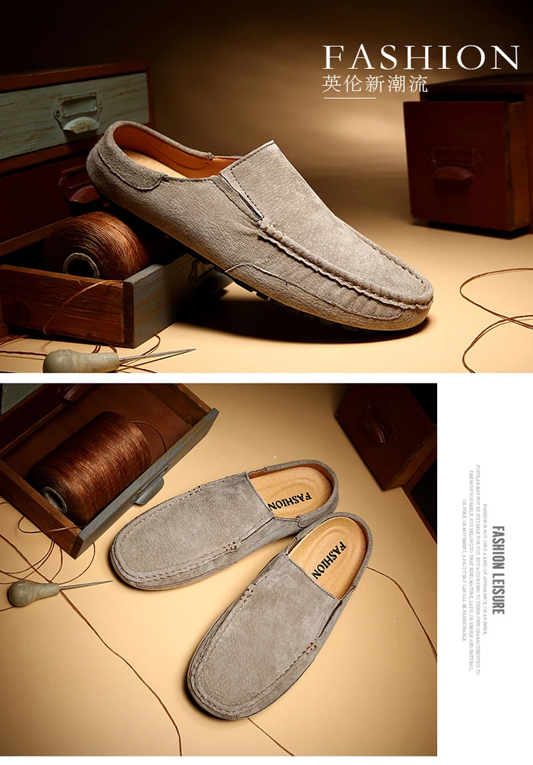 Man Summer Fashion Pig Skin Casual Half Shoe Male Breathable Soft Backless Half Loafers Hombre Open Back Leather Comfy Mocassins